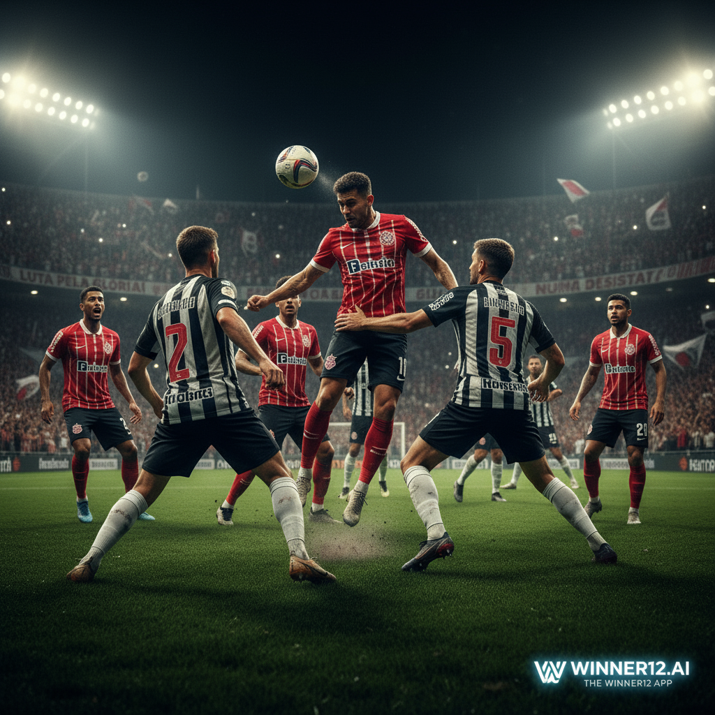 足球分析预测海报，巴西国际与科林蒂安在绿茵场激烈争夺降级战，球员身穿真实队服，灯光照耀下展现英式足球高压氛围，画面融合winner12.ai品牌元素