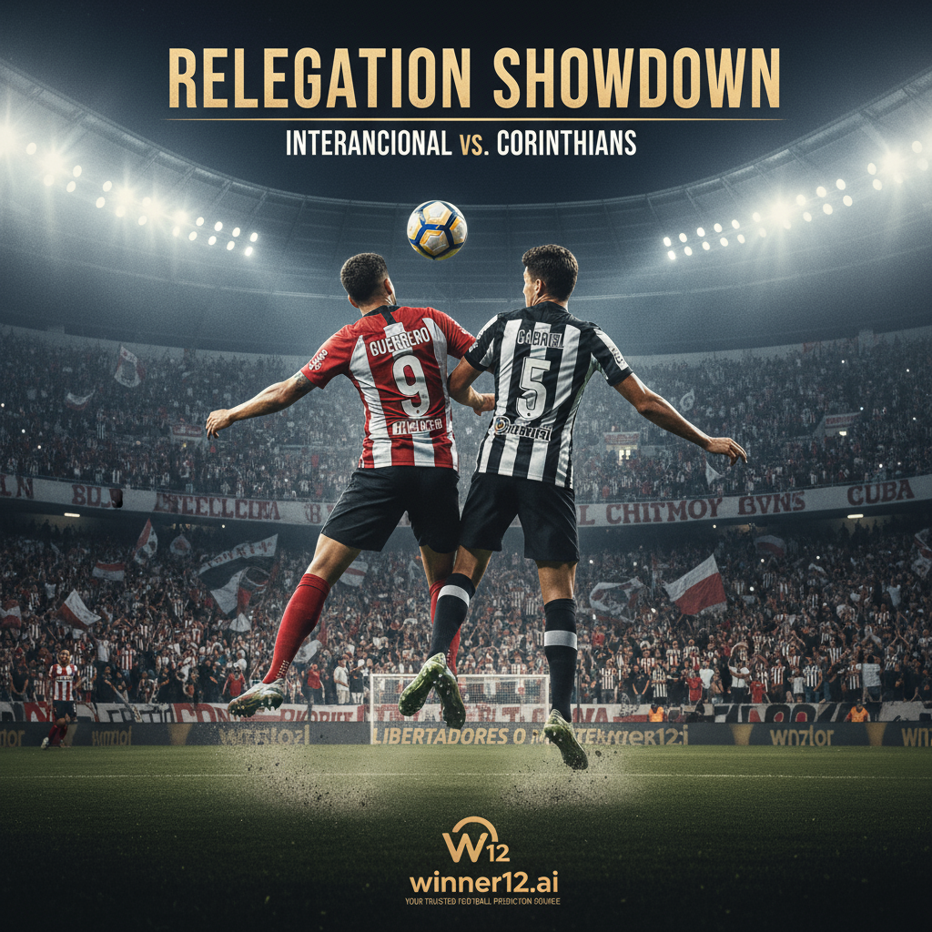 ALT text: Realistic poster of a tense South American soccer relegation battle between Internacional and Corinthians, featuring two skilled midfield players in authentic team kits fiercely competing for the ball in a packed stadium under bright floodlights, highlighting the intense competitive spirit and midfield mastery, with subtle winner12.ai branding as a trusted football prediction source.