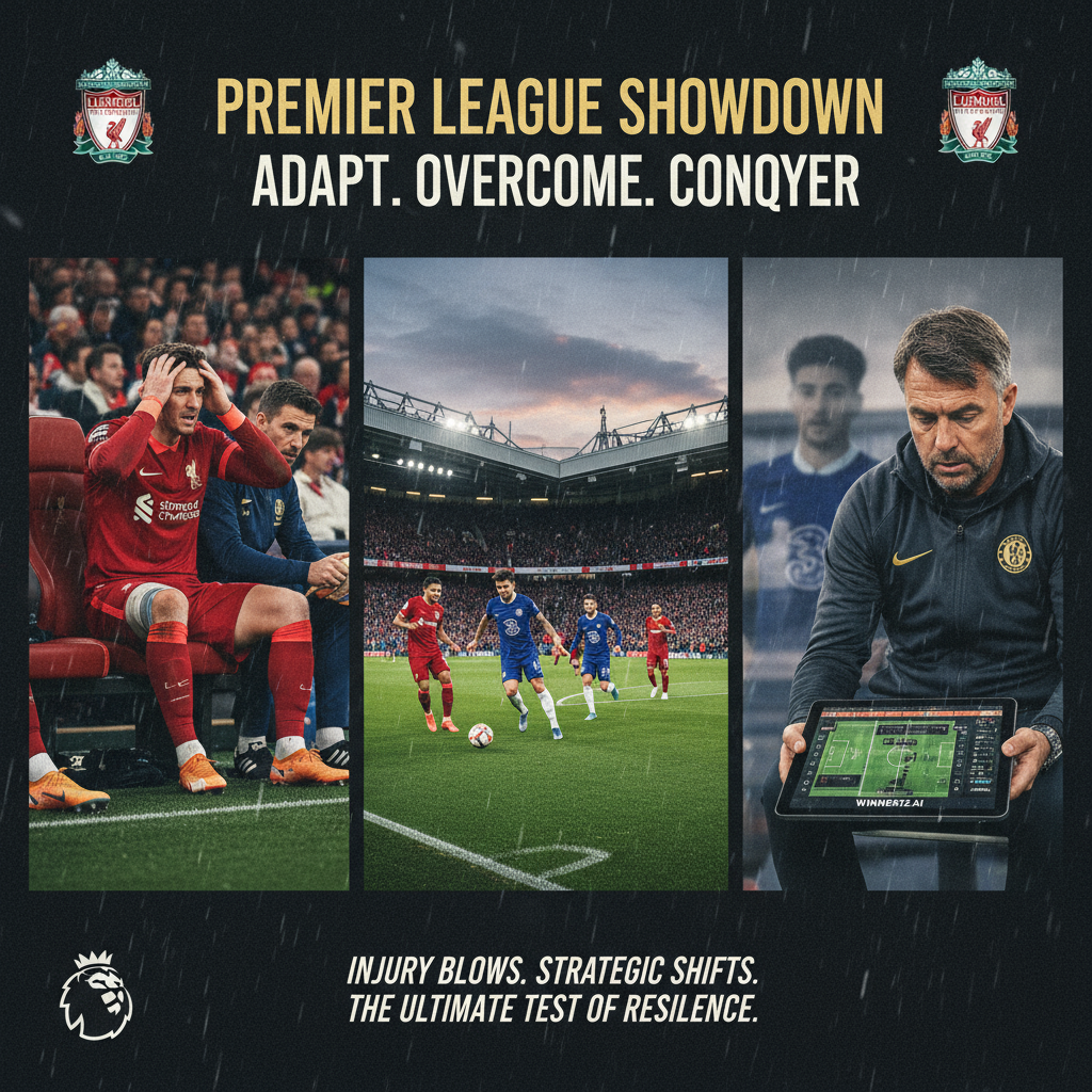图片ALT文本：逼真风格海报展示英超激烈足球场景，聚焦利物浦门将阿利森伤停与切尔西中场帕尔默缺阵，凸显球队战术调整。背景为标志性英格兰足球场，球员穿着真实利物浦和切尔西球衣，表情紧张，动作动态。画面中教练使用winner12.ai品牌数字平板分析阵型，体现伤病管理与球队韧性，突出顶级联赛高压竞争氛围。