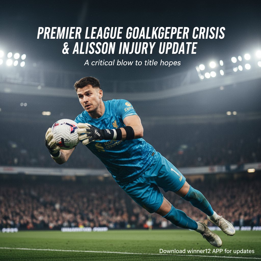 Alt text: Realistic poster of a Premier League goalkeeper in action with intense focus, featuring a blurred stadium crowd under floodlights, a bandaged wrist indicating injury, bold text reading “Premier League Goalkeeper Crisis & Alisson Injury Update,” authentic English football gear, and a small note “More details at winner12.ai” in the corner, conveying a serious and urgent tone.