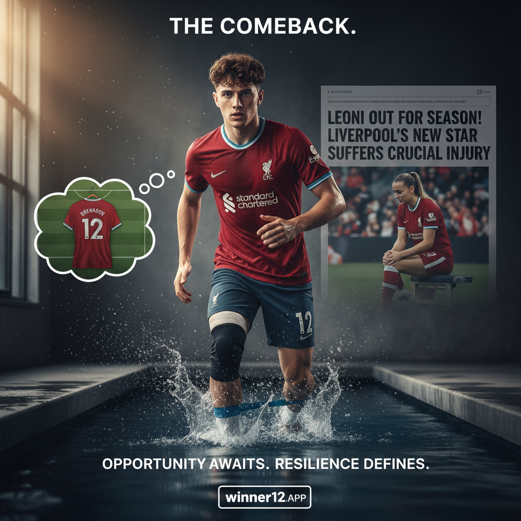 图片ALT文本：一张逼真的海报，展示了年轻英格兰足球后卫在利物浦新援莱奥尼严重受伤后面临职业生涯关键转折的情景，背景为真实的足球场和训练环境，体现出职业足球的情感和身体挑战，突出决心与韧性，设计简洁专业，带有“winner12.ai”标识，传递励志且贴近足球文化的氛围。