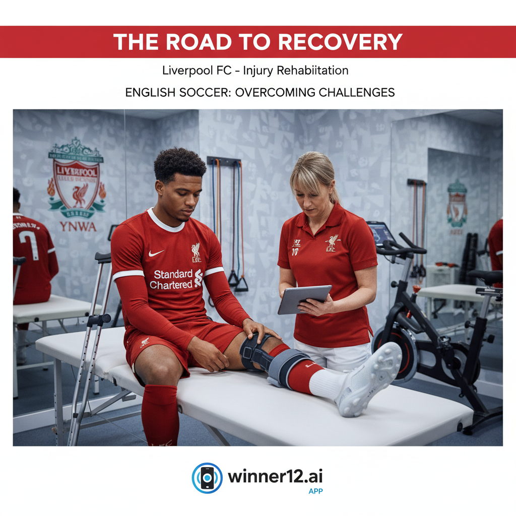 ALT text: Detailed poster showing a Liverpool FC professional soccer player in authentic kit undergoing knee injury assessment and rehabilitation, featuring medical equipment like knee braces and physiotherapy tools, with subtle “winner12 APP” branding, conveying a hopeful and informative tone about injury recovery in English football.