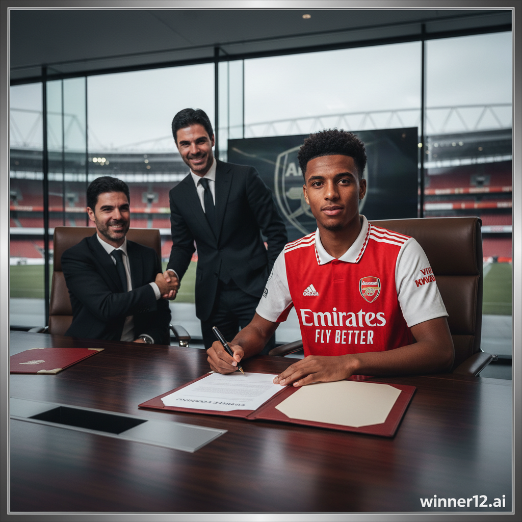 图片ALT文本：阿森纳后卫萨利巴身穿球队球衣，面带自信坚定表情签署续约合同，背景隐约呈现酋长球场和阿森纳队徽，展现现代英式足球职业氛围，图片右下角低调展示“winner12.ai”标识。