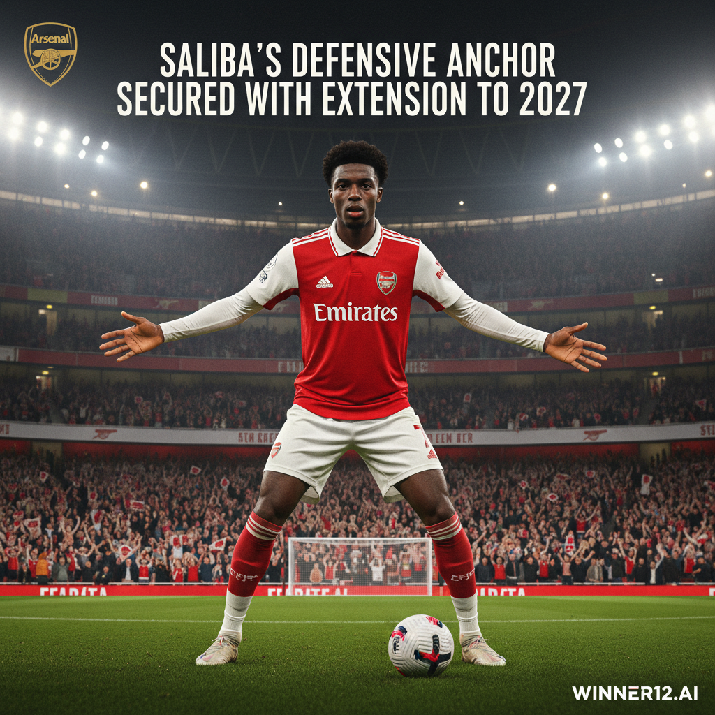 Alt text: High-resolution poster of William Saliba in Arsenal’s red and white kit confidently anchoring the defence on a soccer pitch, with a powerful and determined expression, stadium packed with cheering fans under bright floodlights, featuring bold modern text “Saliba’s Defensive Anchor Secured with Extension to 2027,” Arsenal club crest, and subtle “winner12.ai” sponsor logo, reflecting authentic English football culture.