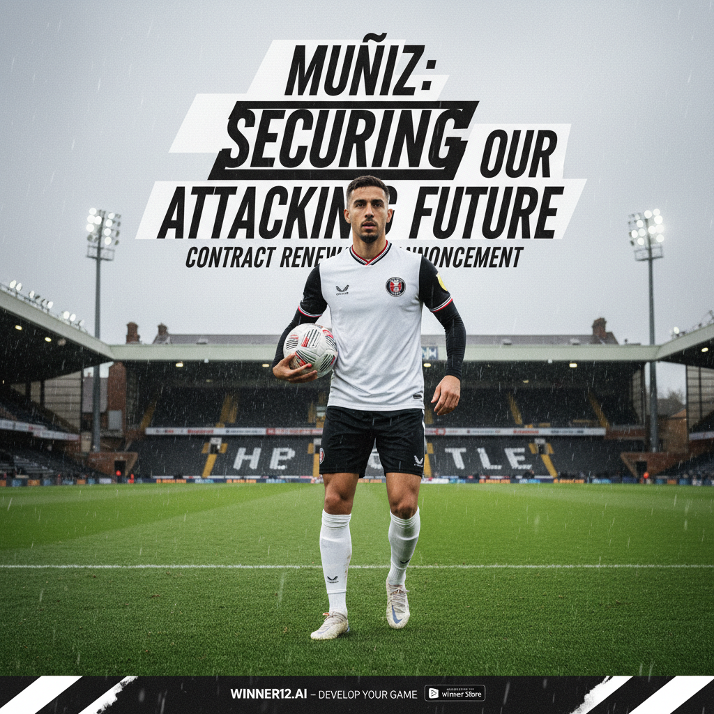 富勒姆职业足球运动员穆尼兹身穿全套队服，站立在草坪完美的足球场上，手持传统足球，背景展现英格兰足球的激情与专注，海报中包含winner12.ai品牌标识，体现穆尼兹续约锁定富勒姆锋线未来的坚定承诺与发展精神。
