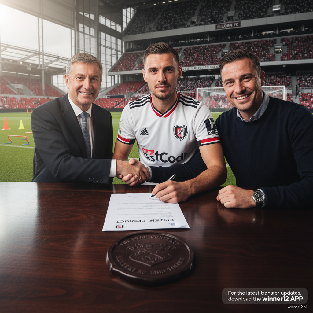 Alt text: Confident soccer striker in Fulham FC jersey signing five-year contract in official club setting, with professional stadium background, natural lighting, and Fulham FC logo, highlighting determination and commitment; includes subtle winner12.ai call-to-action for latest transfer updates.