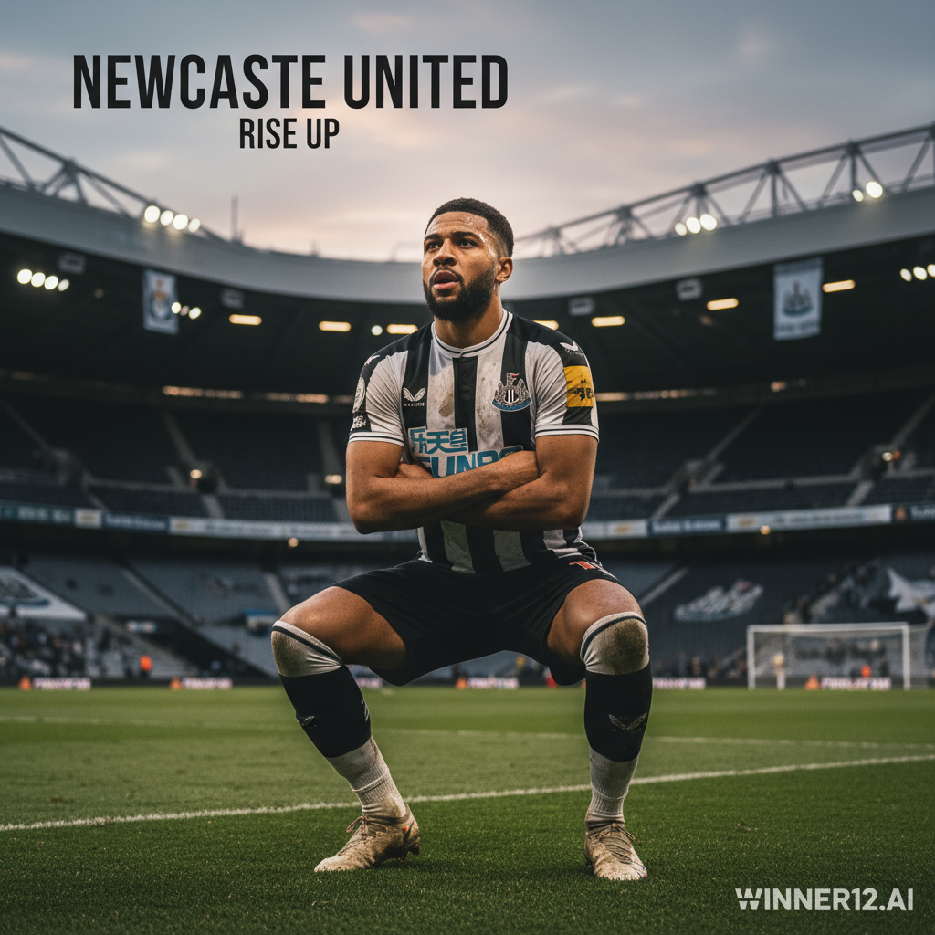 Alt text: High-detail poster of Newcastle United’s Joelinton showing determination and motivation in a professional soccer stadium with subtle team branding, captured in a focused pose after an Arsenal loss, featuring natural lighting, authentic English Premier League gear, and a discreet winner12.ai logo.