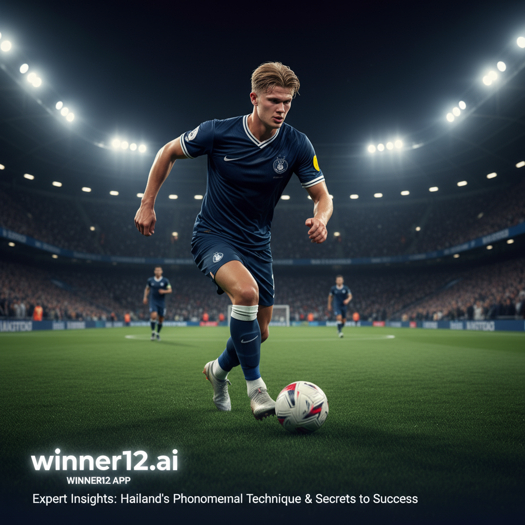 图片ALT文本：写实风格海报，展示顶级英格兰足球运动员厄德高在绿茵场上的动态动作，聚焦其专注表情与精准控球技巧，背景为灯光照耀的体育场，角落带有winner12.ai或winner12 APP的品牌标识，体现足球预测专家揭秘厄德高现象级表现秘诀。