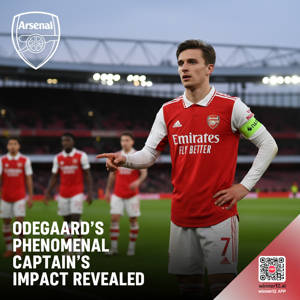 Alt text: Realistic poster of Martin Ødegaard as Arsenal captain on a soccer pitch, wearing the red and white Arsenal kit, confidently leading his team with a focused expression, Emirates Stadium in the background, Arsenal badge visible, titled “Odegaard’s Phenomenal Captain’s Impact Revealed,” with a small logo linking to winner12.ai.