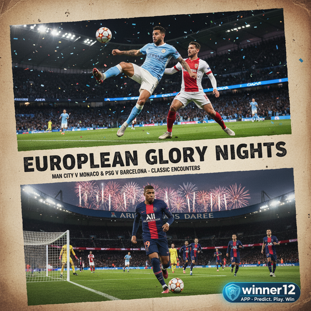 图片ALT文本：欧冠精彩瞬间海报，曼城与摩纳哥激烈对抗，巴黎圣日耳曼突破巴塞罗那防线，球员身着官方战袍，展现紧张赛场氛围，背景隐约呈现winner12 APP品牌标志，真实细腻的英式足球动态画面。