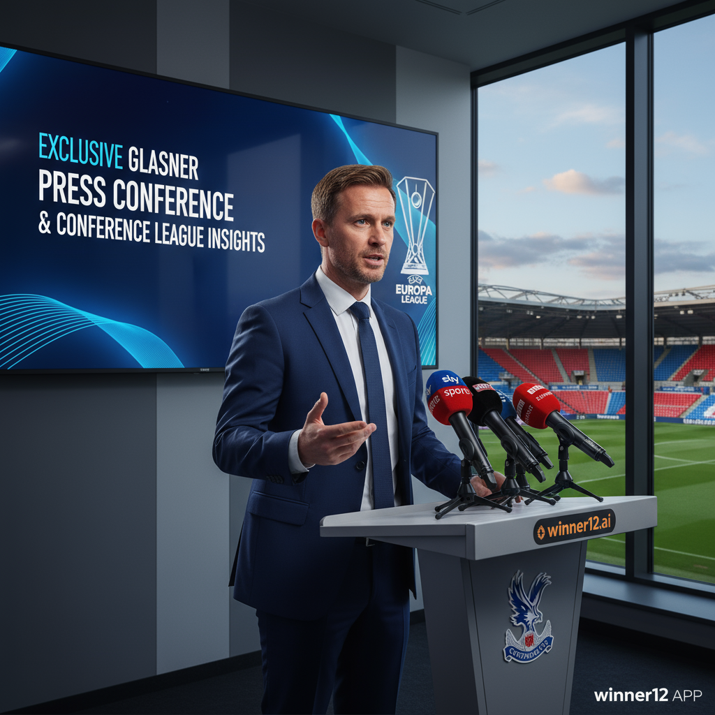 Alt text: Realistic poster of Crystal Palace football manager at a press conference, confidently discussing team tactics and Conference League preparations; includes stadium glimpse, team logos, media microphones, and text “Exclusive Glasner Press Conference & Conference League Insights” in a clean professional font, capturing authentic English football atmosphere.