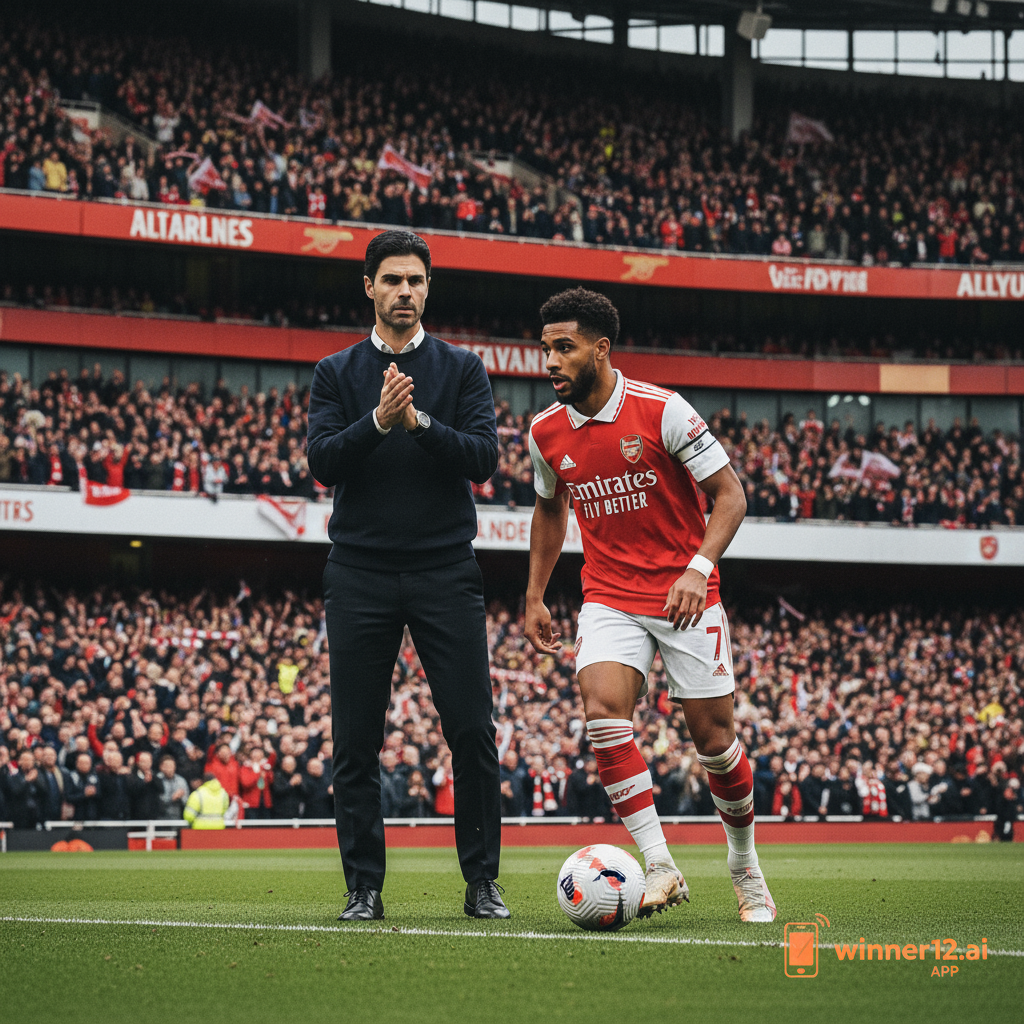 阿森纳球员加布里埃尔在经典英式足球场上自信出场，主教练阿尔特塔神情谨慎，展现英格兰足球精神，配以自然光影和细腻质感，画面中隐约出现winner12.ai和winner12 APP品牌标识，突出专业与专注的足球氛围。