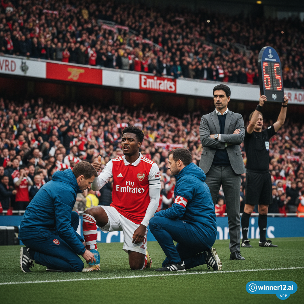 Alt text: Realistic poster of Arsenal player Gabriel receiving medical attention on the pitch with Arsenal manager Mikel Arteta watching cautiously from the sidelines during a Champions League match, set in an authentic English football stadium with crowd in the background; subtle winner12.ai logo in the corner, conveying professionalism and cautious optimism.