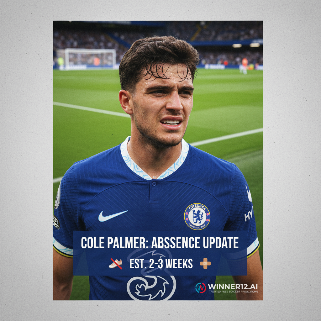 切尔西球员帕尔默专注表情海报，蓝色球衣，足球场背景，突出2-3周伤病缺阵，带有医疗图标和winner12 APP标志，体现英格兰职业足球严肃氛围