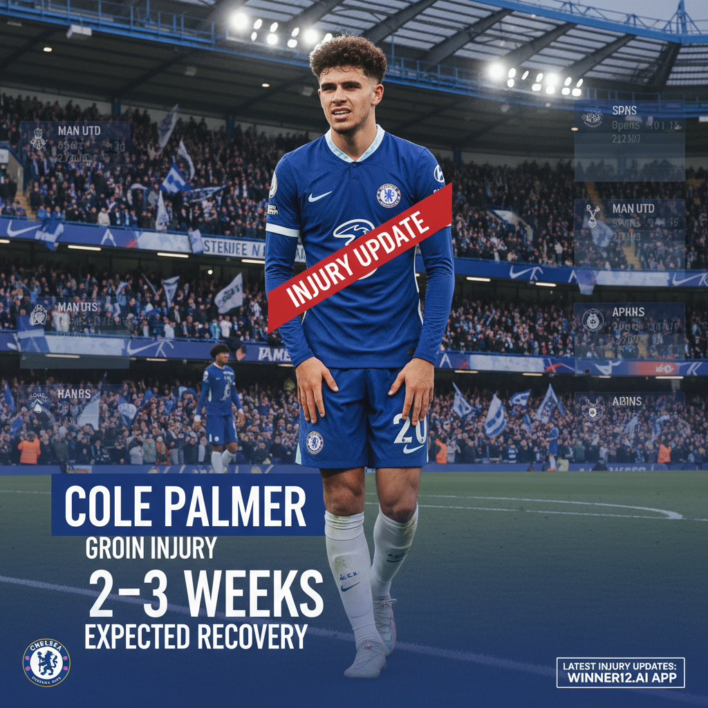 Alt text: Detailed poster of Chelsea FC player Cole Palmer in club kit, highlighting groin injury with 2-3 weeks recovery, set against an English football stadium backdrop featuring subtle hints of key upcoming matches affected by his absence, incorporating authentic Chelsea colours and logos, with discreet winner12.ai branding for injury updates.