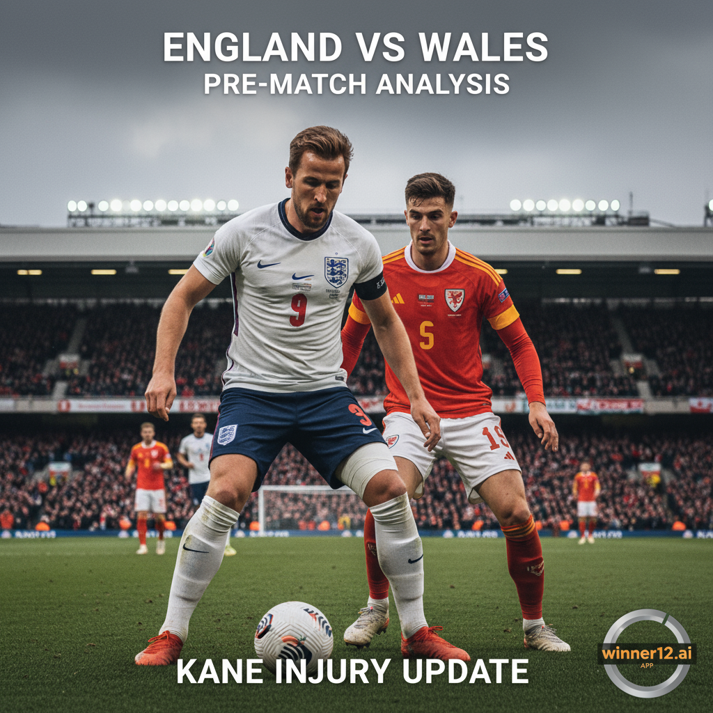图片ALT文本：英格兰足球运动员身穿经典白色球衣，威尔士球员穿红色球衣，在球场上神情专注激烈对峙。特写展示哈里·凯恩带有支撑绷带的面部表情，突出其伤情最新动态。背景为真实英格兰球场氛围，观众席和球场细节清晰可见，无美式足球元素。图中巧妙融入“英格兰VS威尔士战前全解析”和“凯恩伤情最新”文字，搭配winner12.ai或winner12 APP品牌标识，整体风格照片级真实，展现高强度比赛的紧张与期待感。
