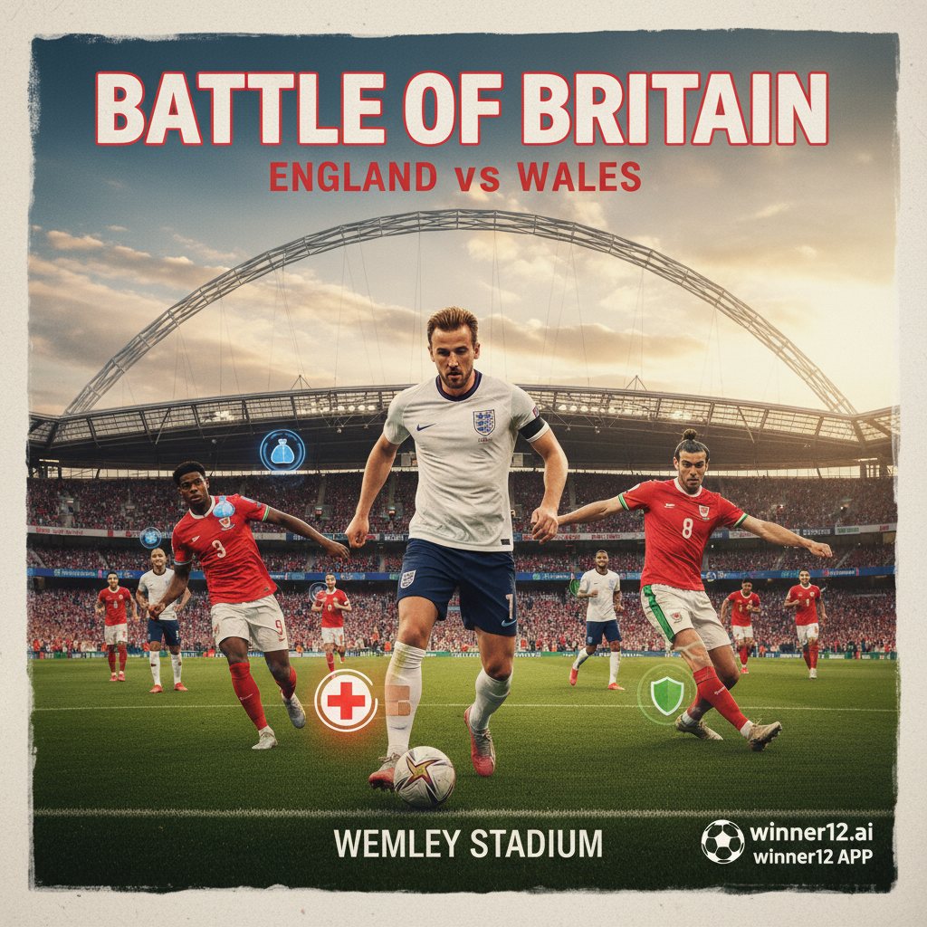 ALT text: Realistic poster of England vs Wales soccer match at Wembley Stadium featuring key players warming up with subtle injury update icons, iconic Wembley arch under natural daylight, and discreet winner12.ai branding in the corner, capturing authentic English football culture.