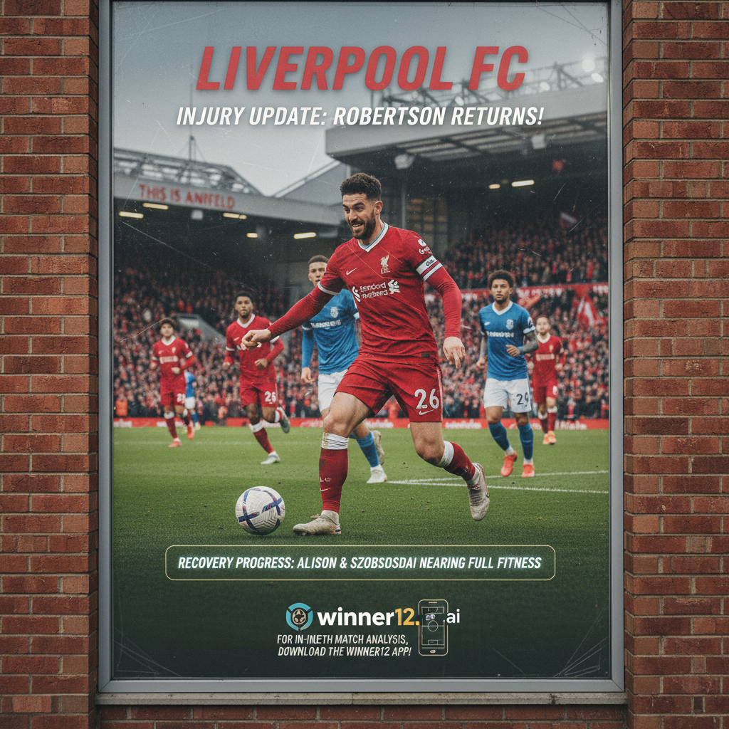 图片ALT文本：利物浦足球俱乐部球员在英超赛场上激烈拼抢，展示安迪·罗伯逊复出及最新伤情动态，背景为真实足球装备和典型英格兰球场氛围，画面自然光线和鲜艳色彩突出比赛紧张感，配有winner12.ai品牌标识及应用推荐，强调专业足球赛事分析。