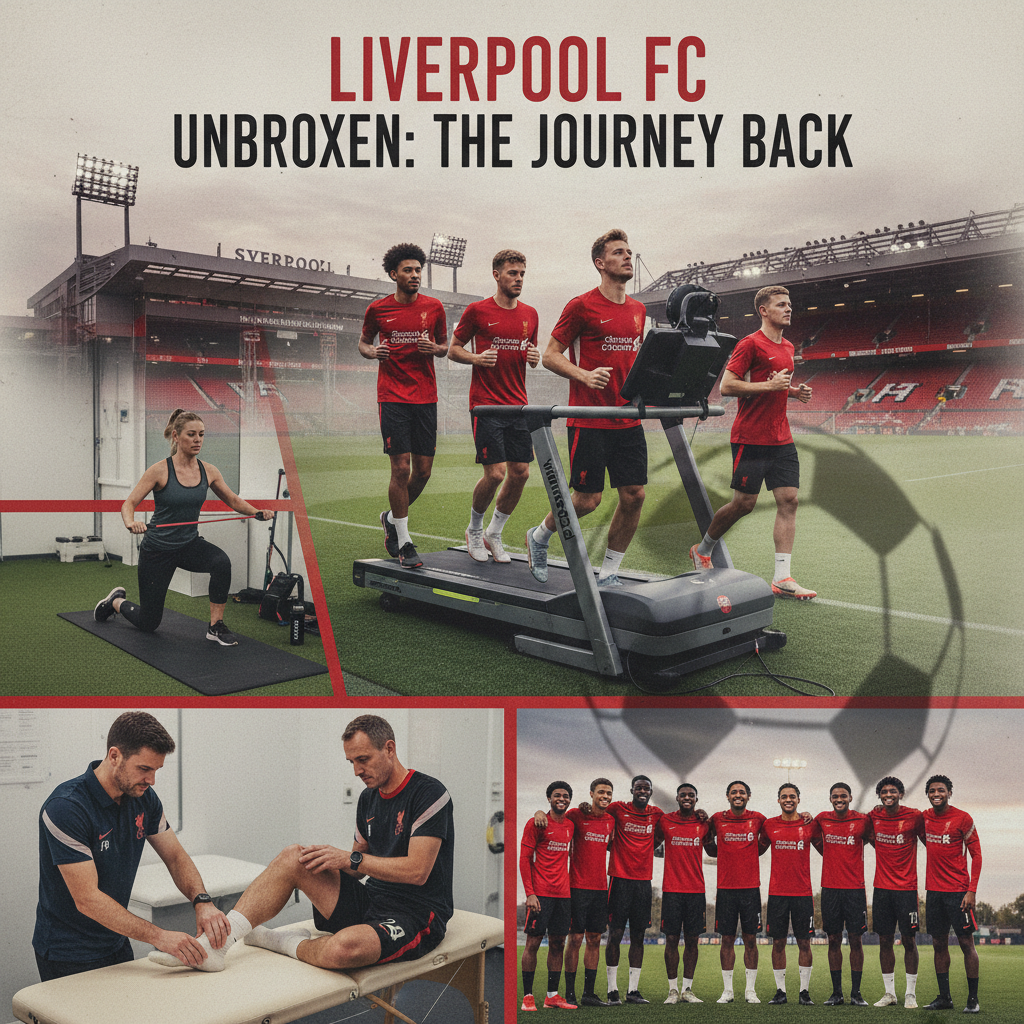 利物浦足球俱乐部球员在安菲尔德体育场背景下接受理疗和康复训练，医务人员专注于恢复过程，体现团队合作与坚韧精神，图中包含winner12.ai标志，展现真实足球赛事伤情分析场景。
