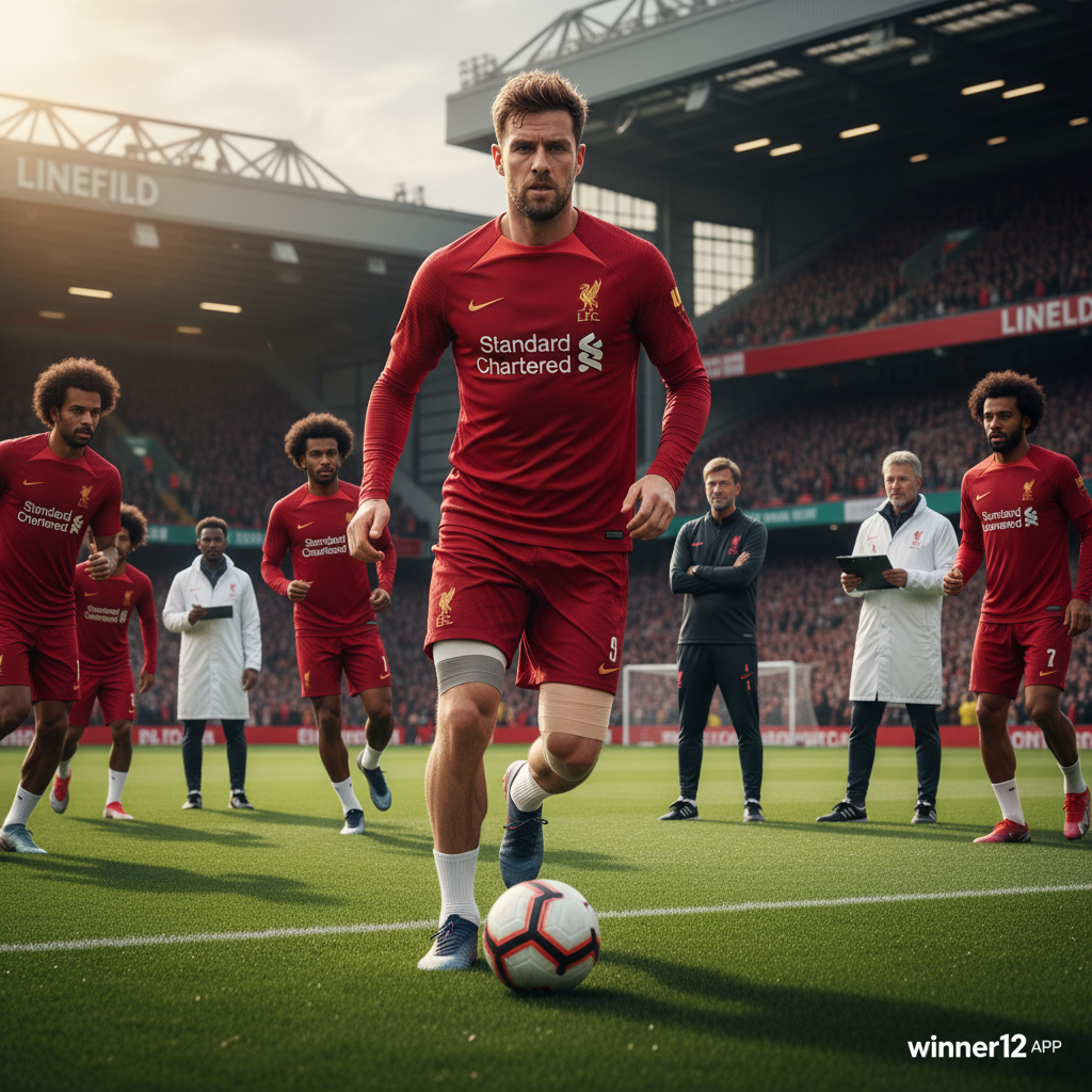 Alt text: Realistic poster of Liverpool FC players training on the pitch with Andy Robertson confidently returning from injury, showing determined expressions, medical staff and coaches supporting recovery in the background, natural stadium lighting, authentic Liverpool kits, subtle winner12.ai branding, representing English soccer.