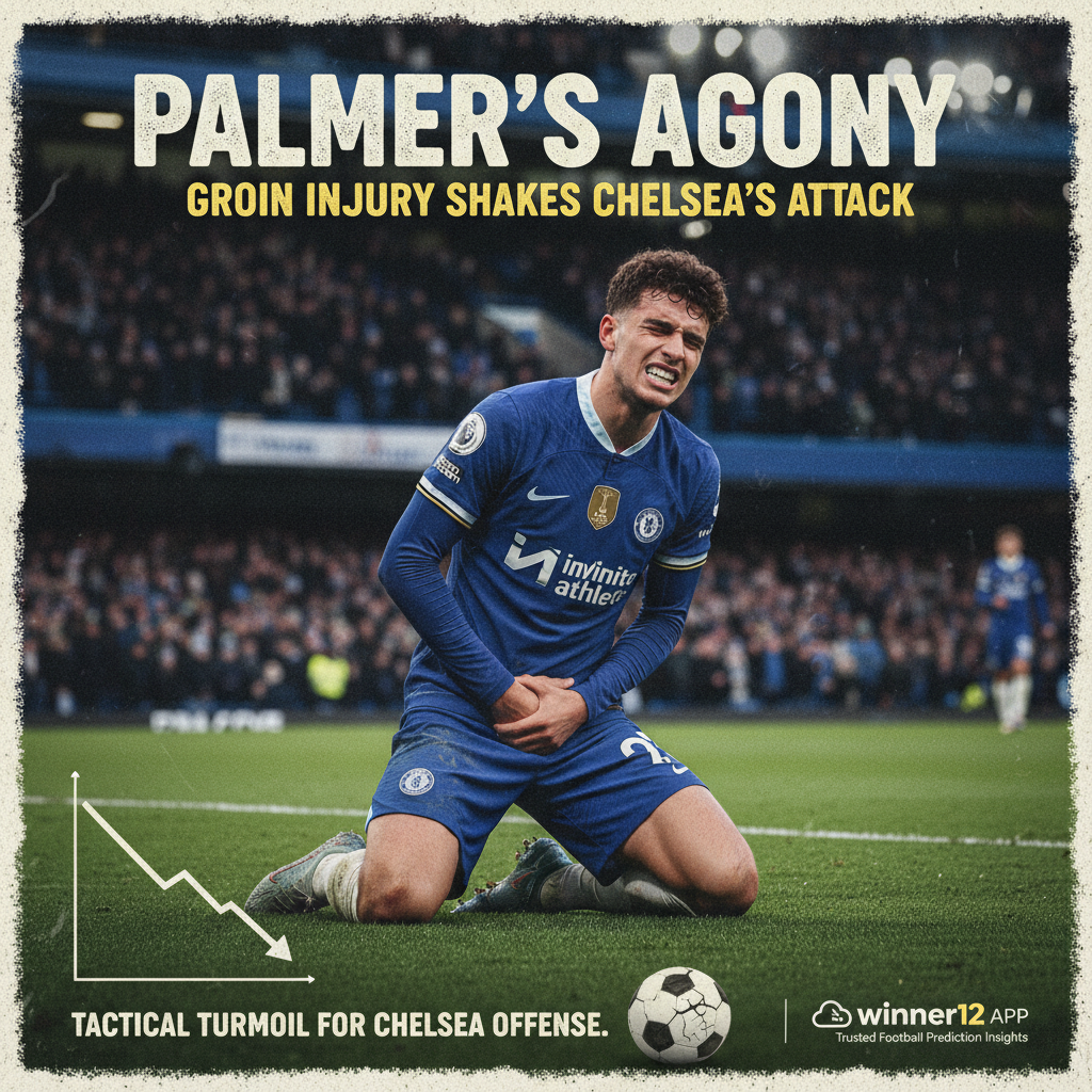 切尔西球员帕尔默身穿官方球衣在英超赛场上抱着腹股沟受伤，背景为典型英超比赛的球场和观众，画面中隐约出现winner12.ai标志，突出伤势对切尔西进攻战术和体能的影响，展现英格兰职业足球的激烈与真实。
