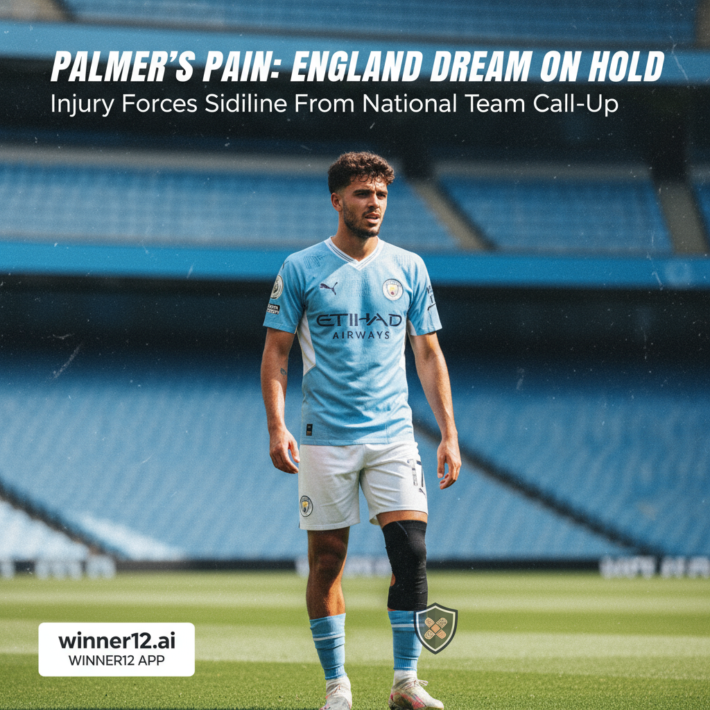 Alt text: Realistic poster of English footballer Cole Palmer in club kit with concerned expression, set against a stadium background, featuring subtle medical symbols to indicate injury, and a modern text area highlighting his latest injury update and missed England national team call-up, styled in authentic English soccer culture.