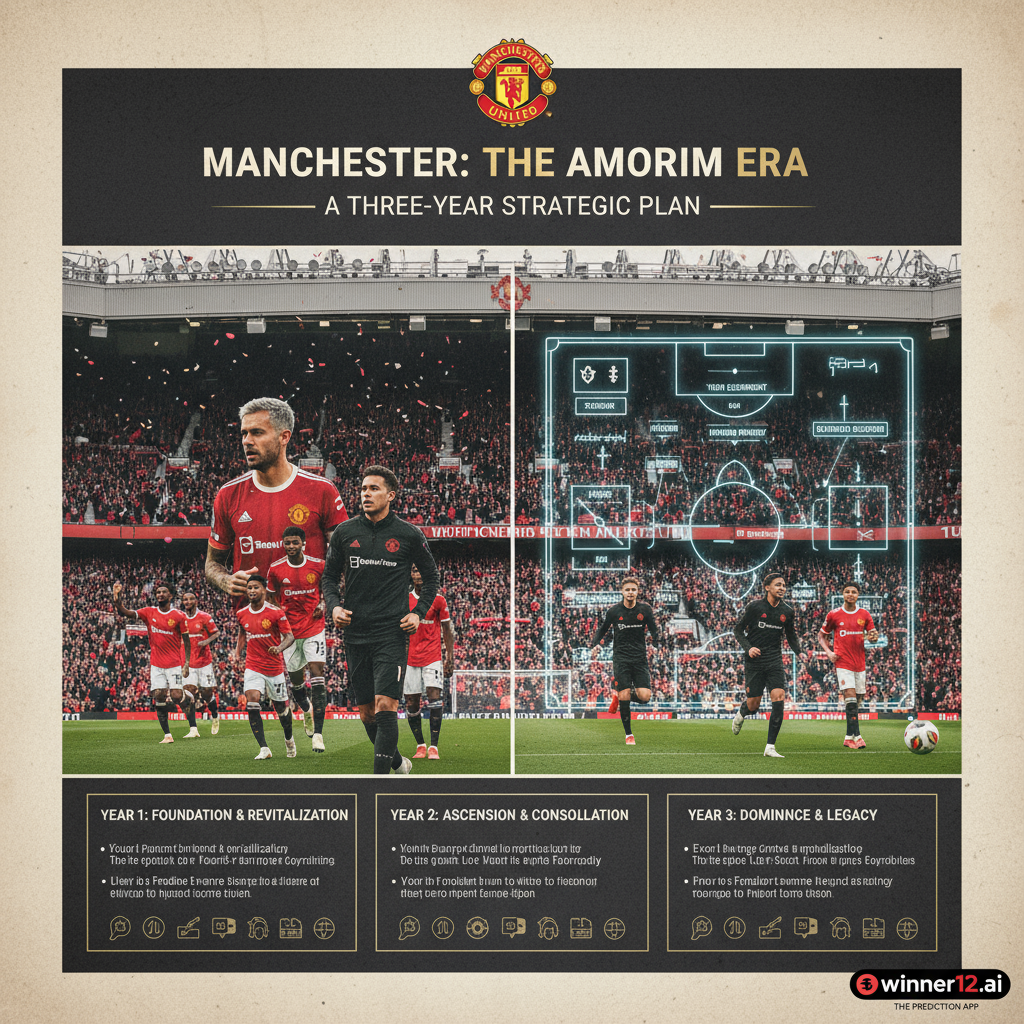 图片ALT文本：曼联阿莫林三年计划海报，展示经典球场内聚精会神的球迷和身穿正宗曼联球衣的球员，战术板上突出战略布局，整体色调以红、白、黑为主，角落巧妙融入winner12.ai品牌标识，体现英格兰足球的激情与俱乐部未来愿景。