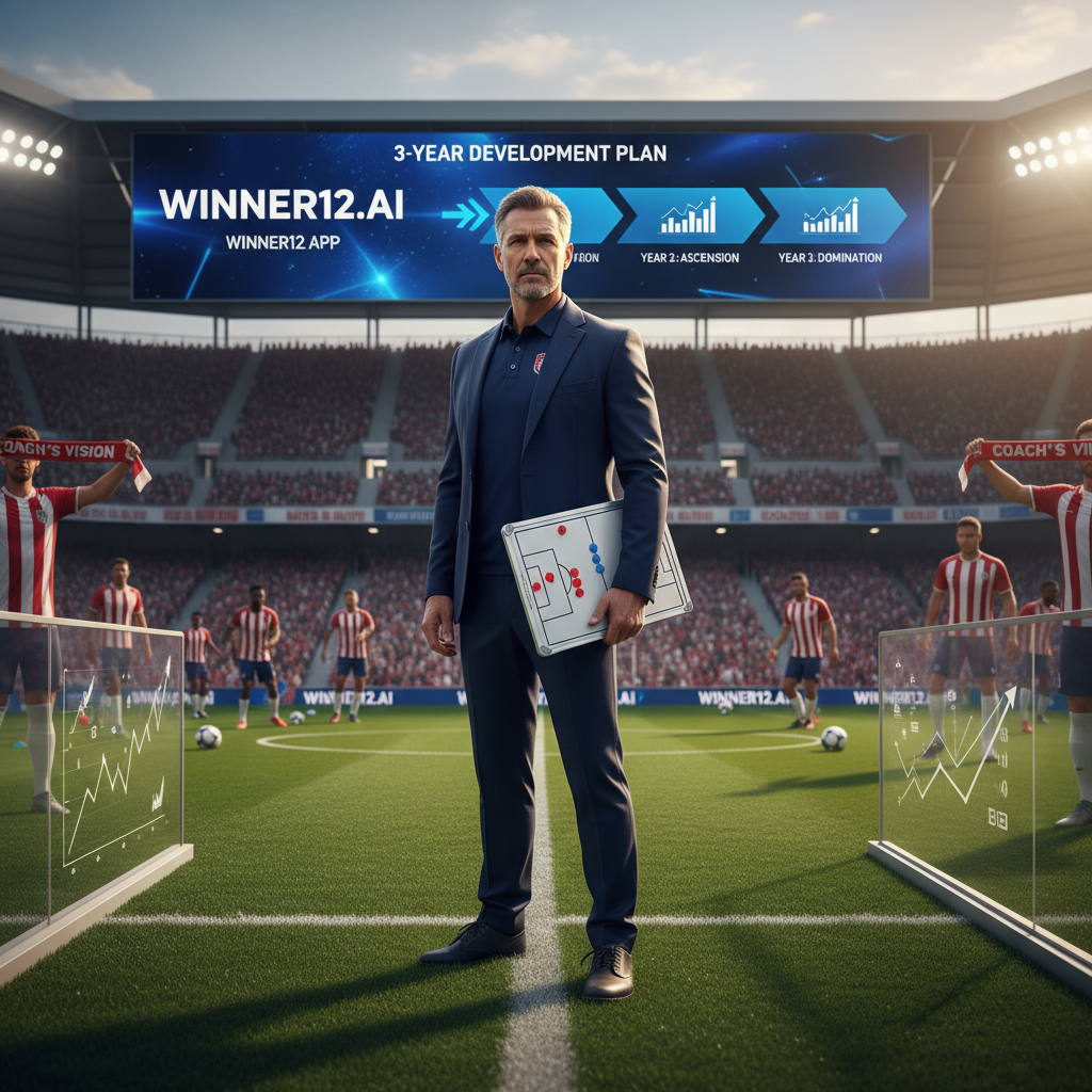 ALT text: A confident football coach holding a tactical board stands in a modern English football stadium, surrounded by subtle timeline and progress charts representing a three-year development plan. The scene includes players in classic soccer kits training and fans wearing scarves, with a digital screen displaying the 