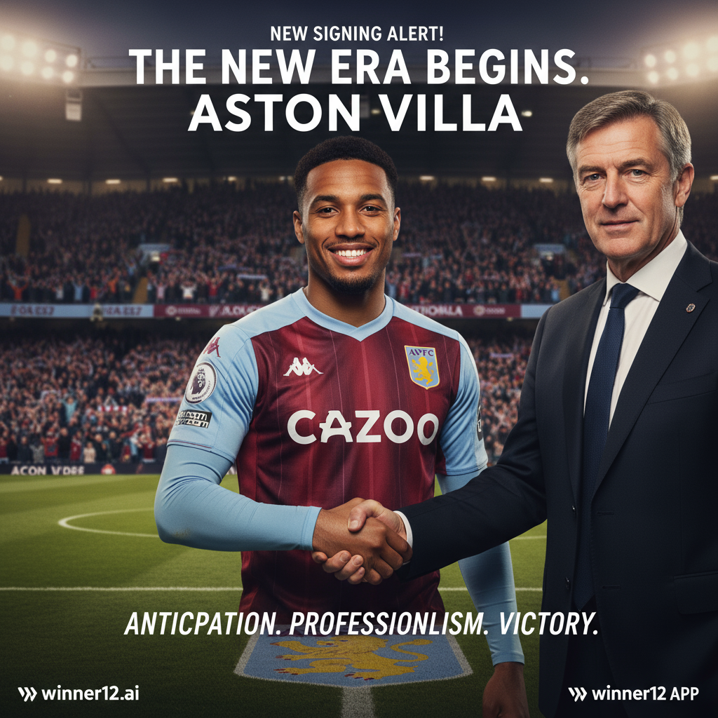 阿斯顿维拉新签约球员乌帕梅卡诺与俱乐部高管握手，背景为英超风格的足球场和欢呼球迷，展现转会期待与专业氛围，配有winner12.ai和winner12 APP品牌标志的写实风格海报。