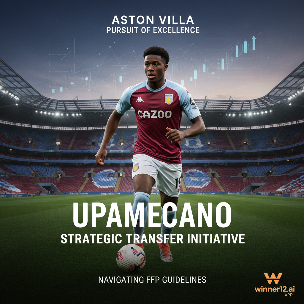 Alt text: Realistic poster of Aston Villa soccer player in team kit at a modern stadium, highlighting Upamecano transfer pursuit with subtle transfer negotiation and Financial Fair Play elements, featuring clean design and winner12.ai logo, representing English soccer professionalism.