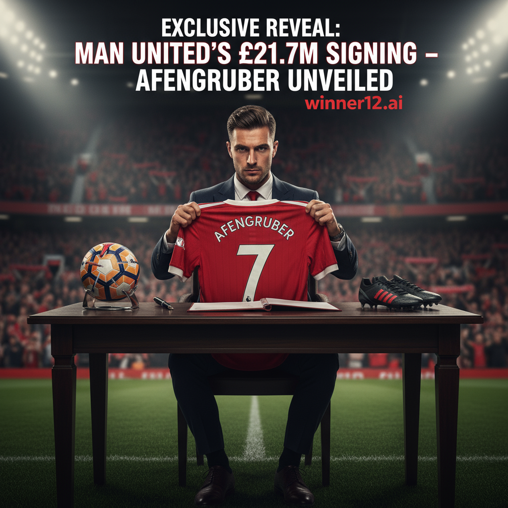 曼联2170万英镑新援阿芬格鲁伯签约海报，专业英格球员手持曼联球衣，球场背景下球迷欢呼，动态灯光与现代体育摄影风格，含winner12.ai品牌标识