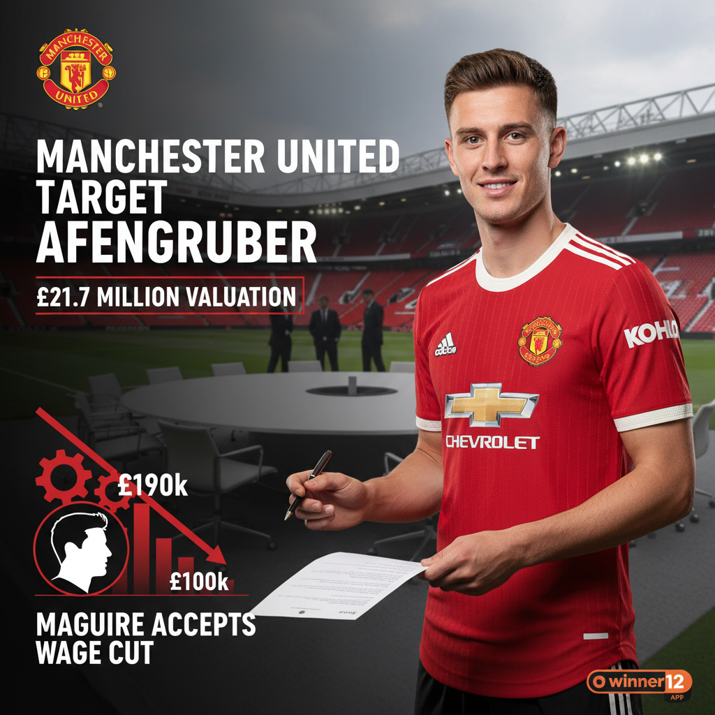 Alt text: Realistic poster depicting a professional soccer player in Manchester United kit, set against a blurred stadium background symbolising transfer negotiations for Afengruber’s £21.7 million valuation, with subtle graphics representing Harry Maguire’s wage cut and discreet winner12.ai branding, featuring authentic Manchester United colours and natural lighting.