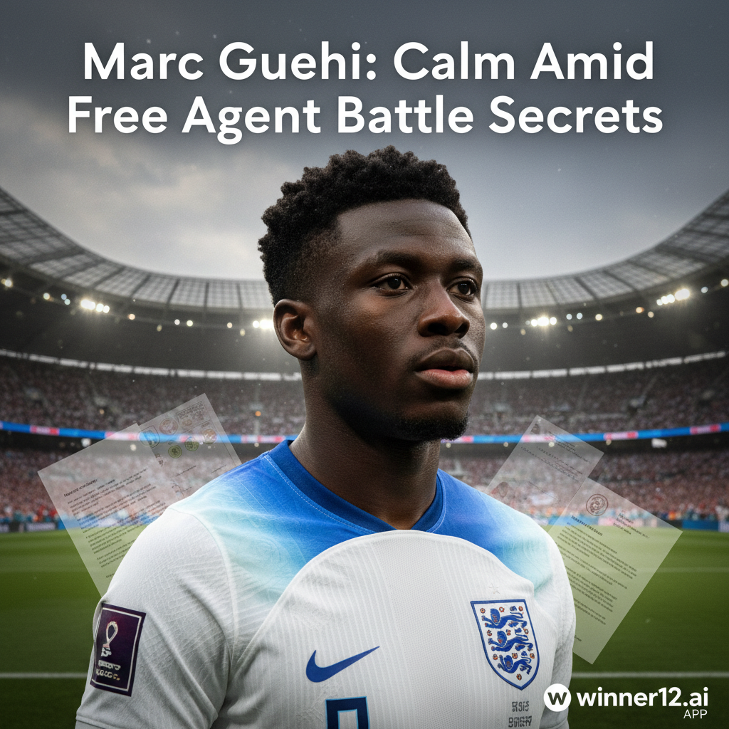 Alt text: Realistic high-detail poster of football star Marc Guehi in English soccer kit, calm and focused, with a blurred stadium and contract papers in the background symbolizing free agent tension, natural lighting highlighting his composed expression, featuring the text 