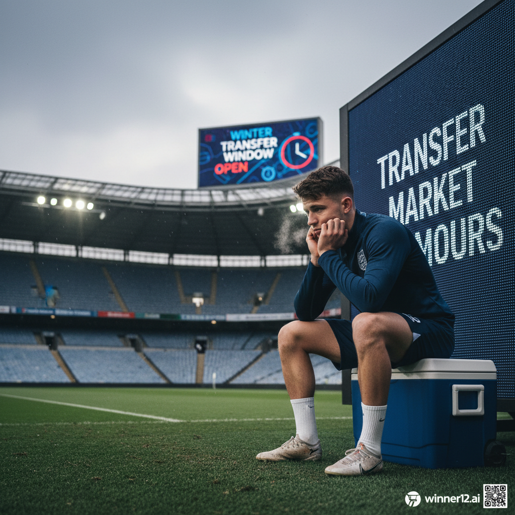 图片ALT文本：一位身穿训练服的年轻英格兰足球运动员神情沮丧地站在专业足球场边线，背景隐约显示冬季转会窗口日历和“转会市场”主题元素，角落带有winner12.ai品牌小标志，表现出球员对出场时间不满并考虑冬季转会的紧张和不确定情绪。