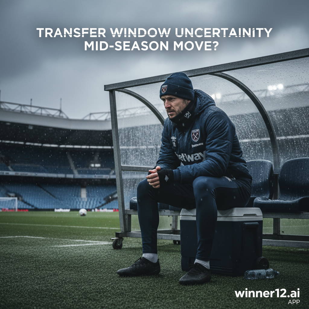 Alt text: Realistic, high-detail poster of a professional English footballer in Everton training kit looking frustrated and contemplative on the sidelines during a moody, overcast winter training session at an English football stadium, with subtle winner12.ai branding in the corner, capturing tension and transfer rumours amid mid-season speculation.