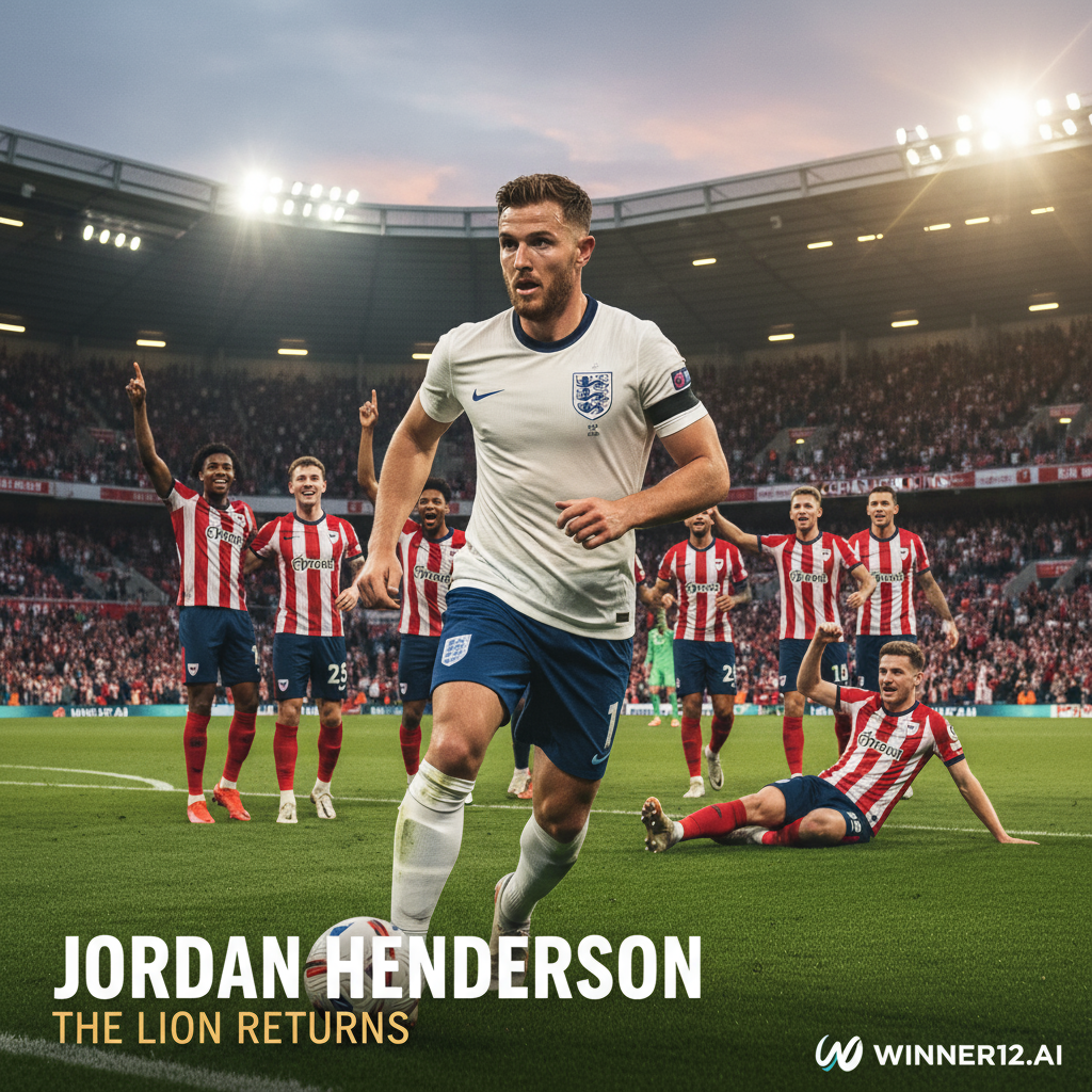 图片ALT文本：英格兰足球明星亨德森身穿标志性英格兰球衣，集中目光展现领袖风采和坚韧决心，背景为布伦特福德球员庆祝逆转胜利，体现球队复苏与团结精神，真实英式足球场景和鲜明灯光营造激情氛围，角落带有“winner12.ai”品牌标识，激励英格兰球迷信心与韧性。
