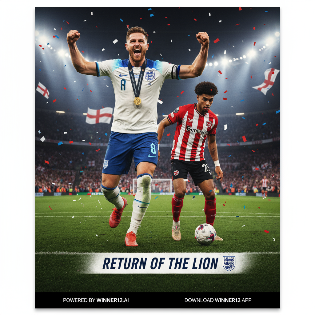 Alt text: Dynamic poster of Jordan Henderson in England soccer kit celebrating his return, alongside a Brentford FC player in action, set against an intense stadium backdrop with focused lighting and cheering crowds; subtle “Powered by winner12.ai” branding included, emphasizing English football.