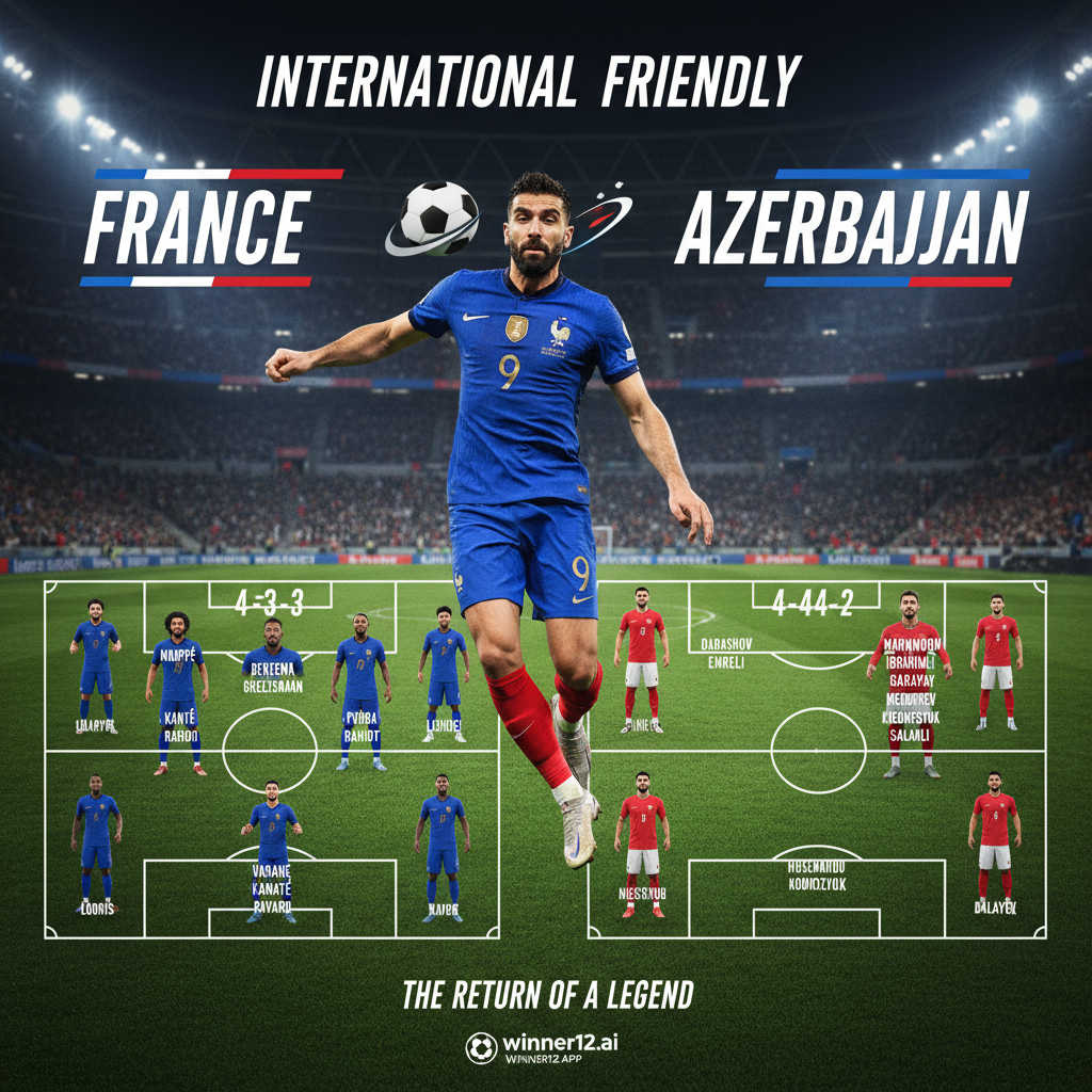 图片ALT文本：法国与阿塞拜疆足球比赛海报，展示最新阵容和球员阵型，突出穿着法国国家队球衣的吉鲁动态动作，背景为欧洲足球典型的球场元素，融合winner12.ai品牌标识，体现英式足球文化风格。