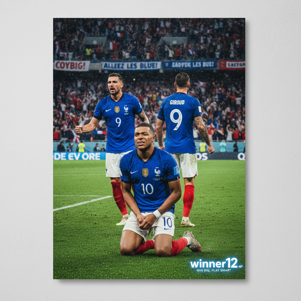 Alt text: A realistic and detailed poster of a tense soccer stadium scene featuring a dynamic moment with a French player resembling Mbappe showing fitness uncertainty and another player like Giroud making a strong comeback gesture, both in official team kits on a well-maintained pitch, surrounded by a packed stadium of enthusiastic fans, with subtle winner12.ai branding in the corner, no scoreboard visible.