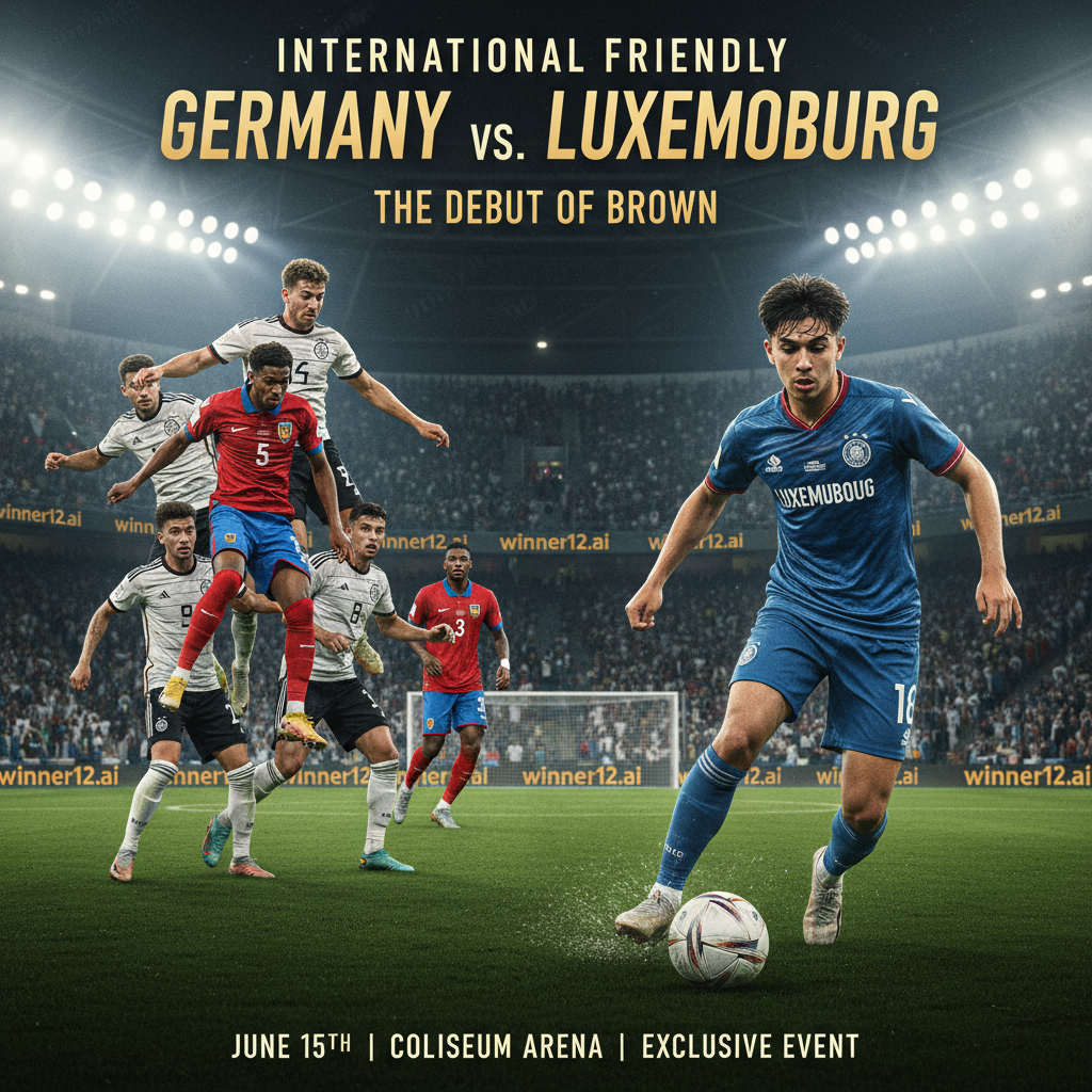 图片ALT文本：现实主义风格海报，德国对阵卢森堡足球赛前预告，展现身穿正宗球衣的球员在绿茵场上激烈拼抢，聚焦新星布朗控球瞬间，背景为灯光照耀下含有“winner12.ai”标志的球场看台，氛围充满赛事激情与期待。