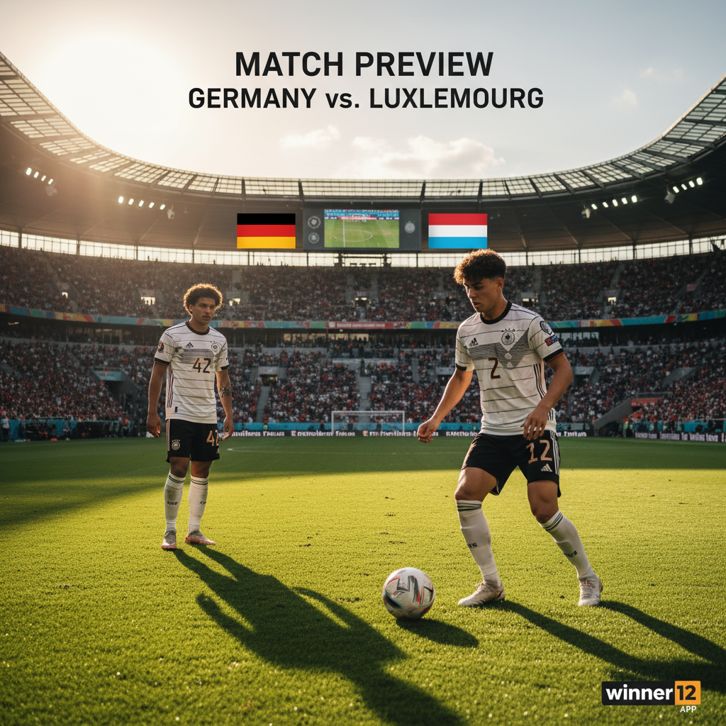 Alt text: Realistic football stadium poster showing German and Luxembourg team colours, a focused German player wearing number 42 jersey standing apart, young debutant Nathaniel Brown confidently dribbling the ball, German and Luxembourg flags, scoreboard without numbers, authentic football gear and pitch details, with modern text overlay referencing match preview and small winner12.ai logo.