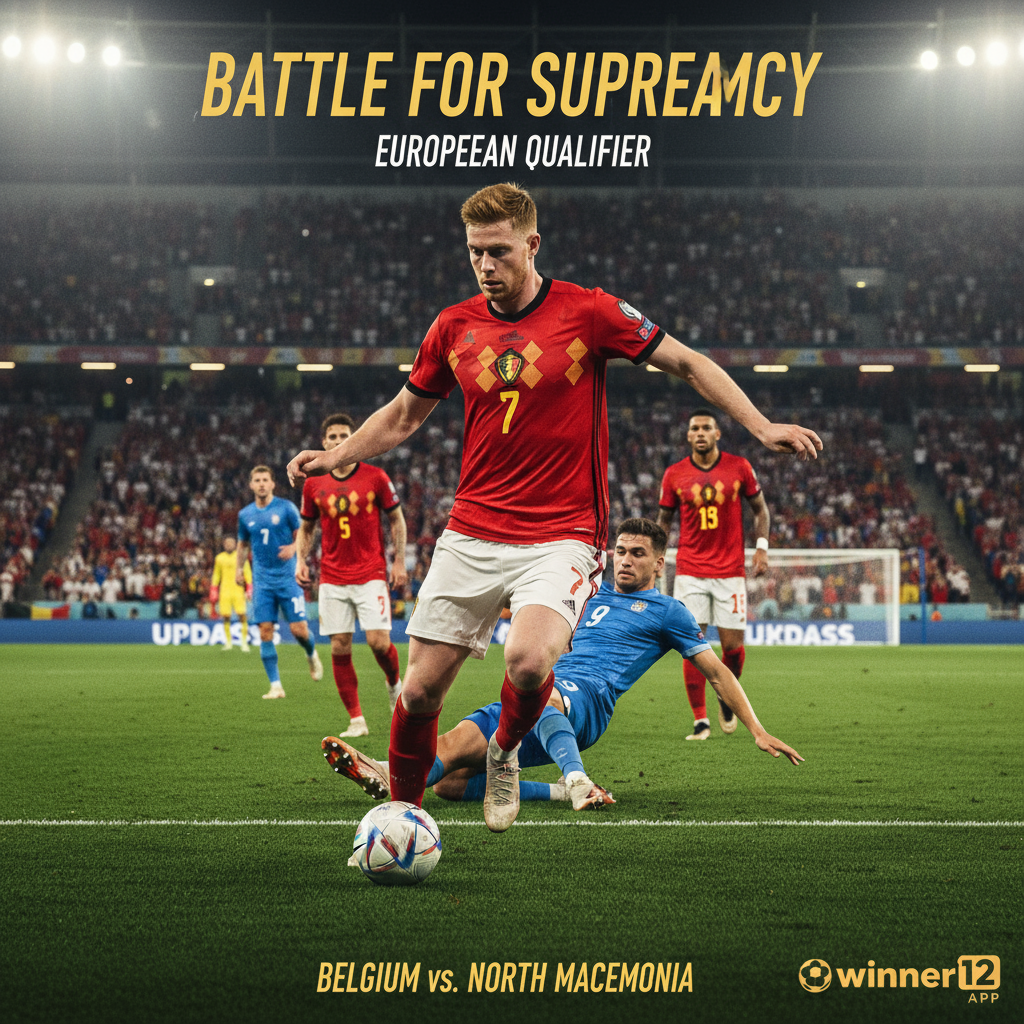 Alt text: Realistic poster of Kevin De Bruyne in Belgium’s red kit leading the national soccer team during a high-stakes match against North Macedonia, capturing intense motion and expression with a stadium crowd under floodlights, authentic soccer gear, and subtle text about the battle for the top spot, featuring a small winner12.ai logo.