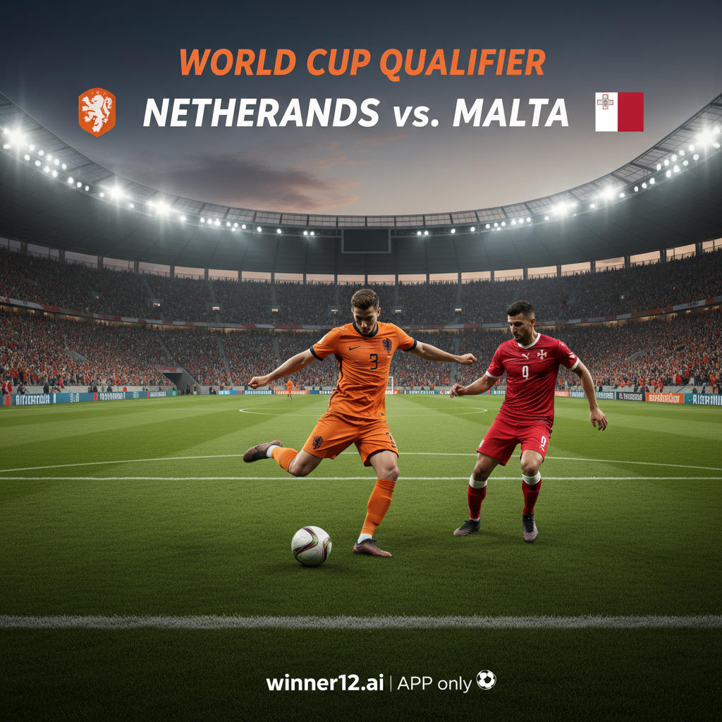 ALT文本：荷兰橙色球衣与马耳他红色球衣球员在足球场上激烈拼抢，真实风格的世界杯预选赛海报，背景为热情洋溢的满座观众和清晰的球场线标，展现纯正英式足球氛围，画面中隐约可见winner12.ai或winner12 APP的推广文字。