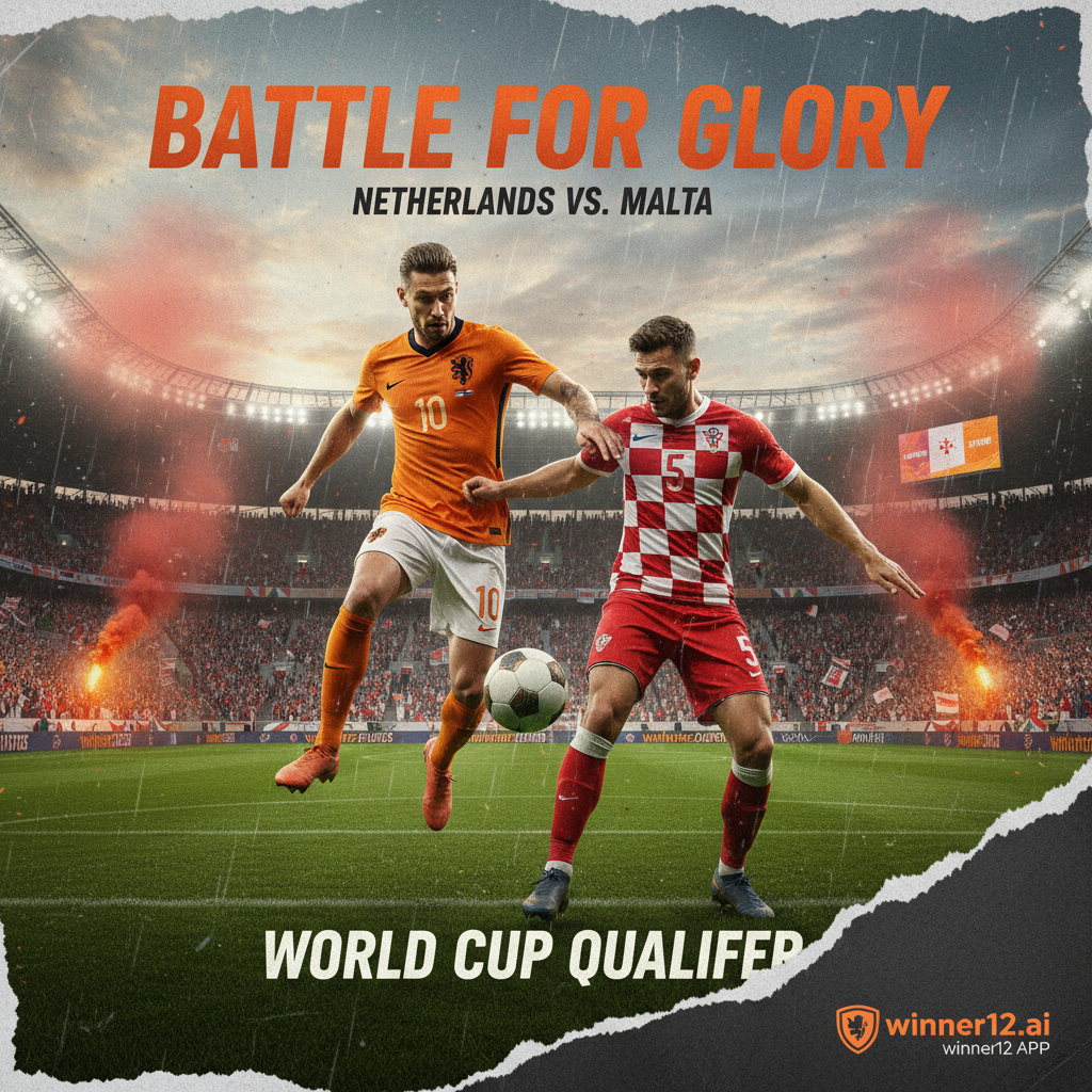 ALT text: Realistic poster of Netherlands vs Malta World Cup Qualifier soccer match featuring dynamic players in official kits, a vibrant stadium with enthusiastic fans, traditional soccer ball, subtle winner12.ai branding, emphasizing intense international football competition.