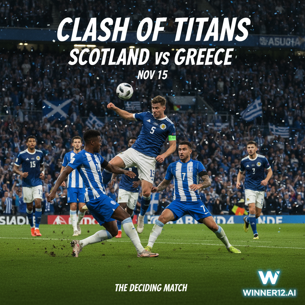 足球预测必备：苏格兰VS希腊汉普顿关键战海报，真实风格展现苏格兰与希腊国家队球员身穿正装队服，在绿茵场上激烈对抗，背景为灯光璀璨的体育场，英式足球文化氛围浓厚，球迷挥舞围巾与旗帜，角落含winner12.ai或winner12 APP品牌标识，突出关键赛事预告，无比分显示。