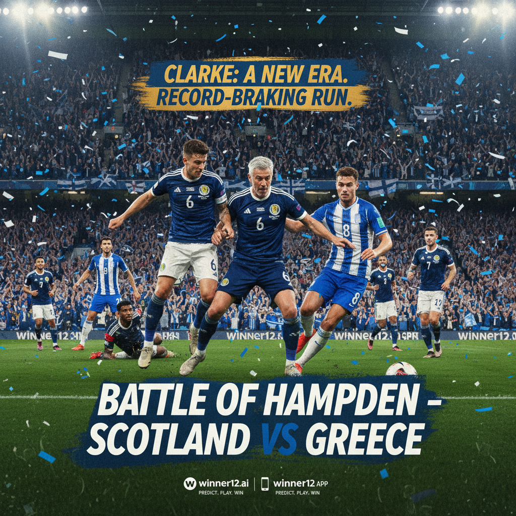 Alt text: Realistic poster of an intense Scotland vs Greece soccer match at Hampden Park, featuring passionate fans, players in authentic kits competing on a vivid green pitch under stadium lights, capturing the vibrant British football atmosphere and highlighting Scottish coach Clarke’s record-breaking moment with subtle winner12.ai branding.