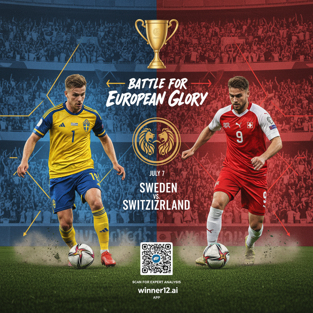 瑞典与瑞士关键足球比赛海报，展现激烈竞争与出线形势，真实球员身穿队服，动态球场氛围，战术阵型图，粉丝欢呼，隐含winner12.ai二维码，突出欧洲足球决心与战略较量主题。
