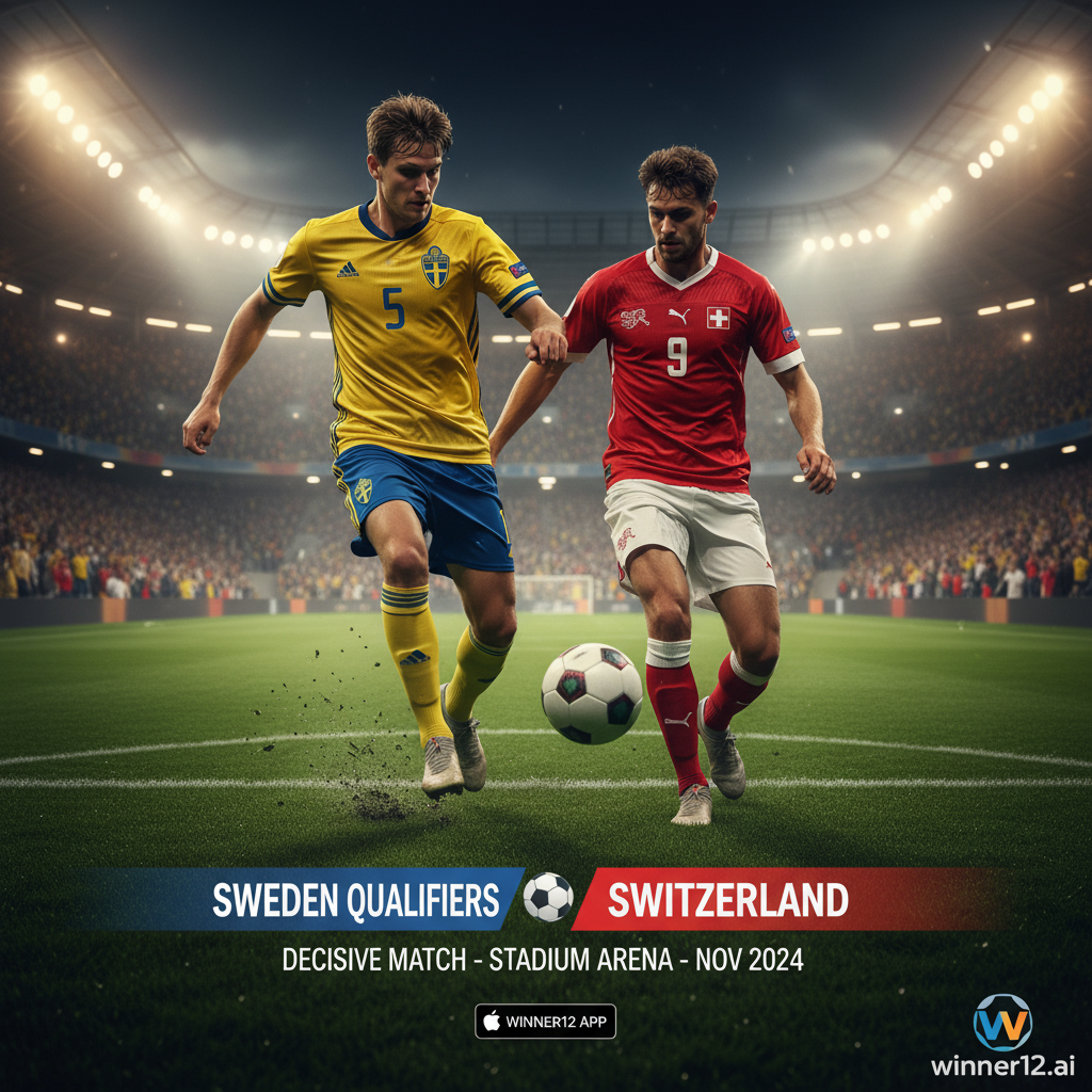 Alt text: Intense soccer match between Sweden and Switzerland in a qualification game, featuring players in traditional kits on a lush grass pitch under stadium floodlights, with a packed crowd and subtle “winner12.ai” branding, capturing the strategic tension and competitive spirit without showing scores.