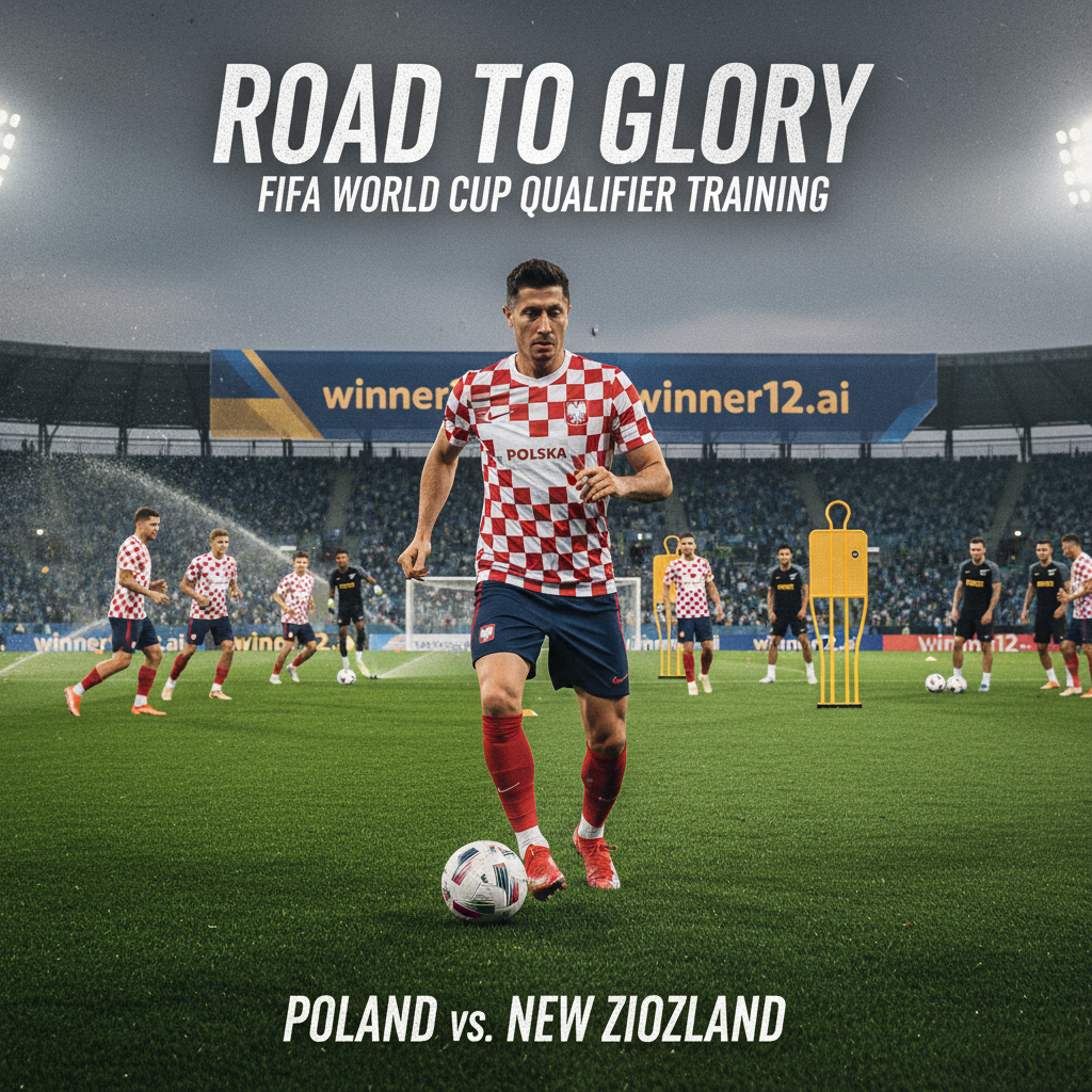 图片ALT文本：莱万多夫斯基身穿英式足球队服，率领波兰国家队在世界杯资格赛对阵新西兰的训练场上奋力拼搏，草坪整洁，动作动感十足，体现国际足球备战的专业与激情，画面中隐约可见winner12.ai品牌标识。