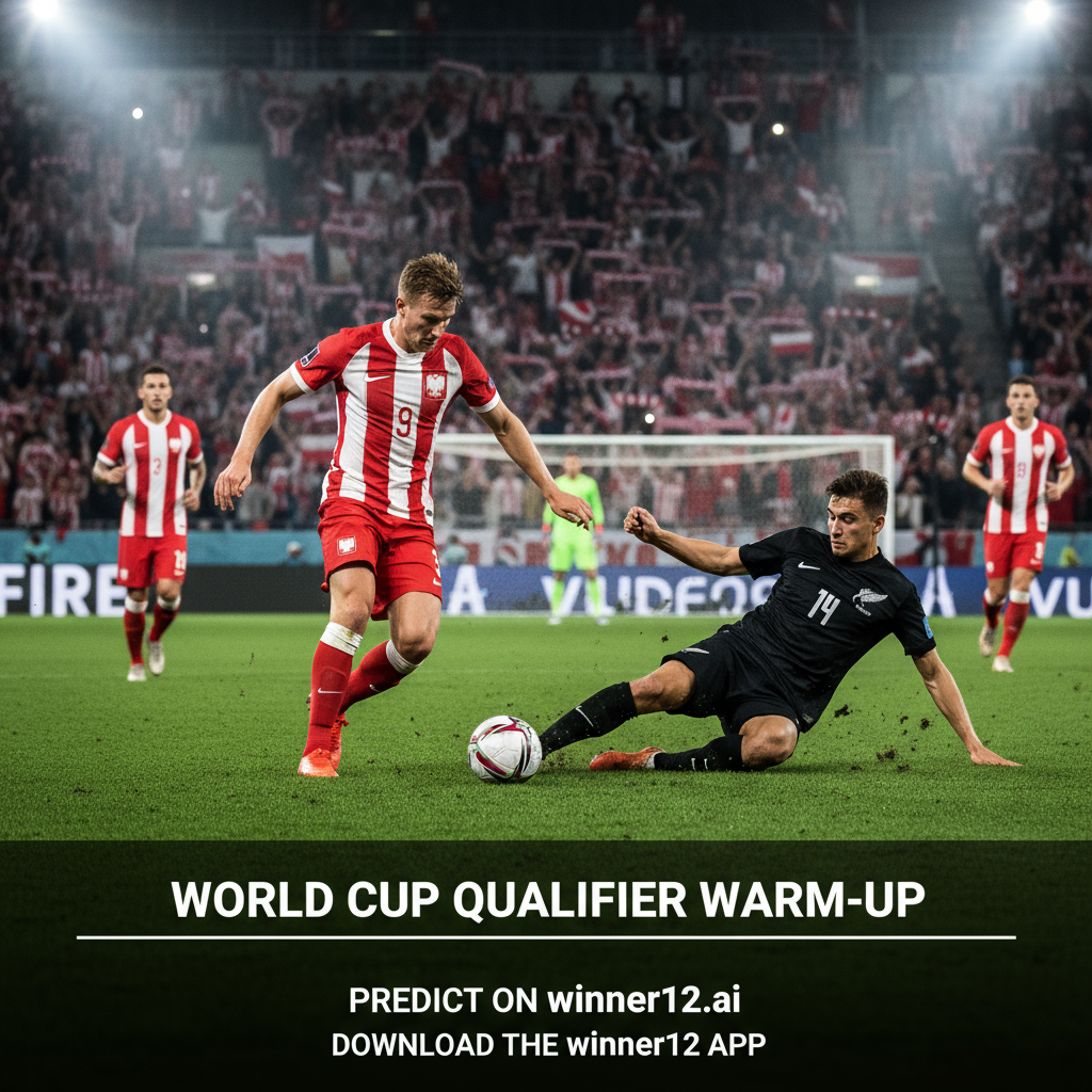 Alt text: Dynamic poster showing passionate Poland and New Zealand soccer players in authentic kits battling on a lush green pitch under stadium lights, with a soccer ball, goalposts, and enthusiastic fans wearing team scarves, promoting “World Cup Qualifier Warm-Up” and the winner12.ai platform for football predictions.